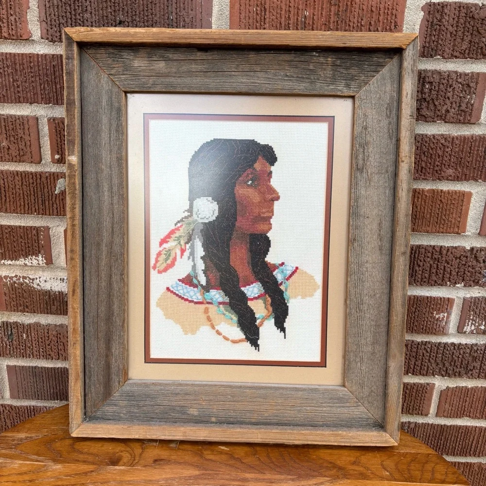 Needlepoint Counted Cross-stitch native American Indian Princess Maden Framed